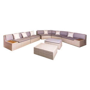 Rattan Furniture Set: Outdoor Corner Sofa Set + 1 Coffee Table + 1 Ottoman, Beige/Grey/Natural