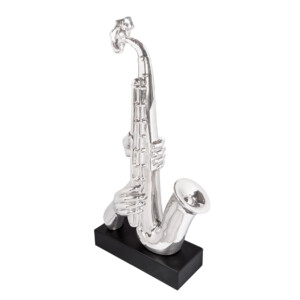 Domus: Abstract Saxophone Sculpture With Base, Silver/Black; 22inch
