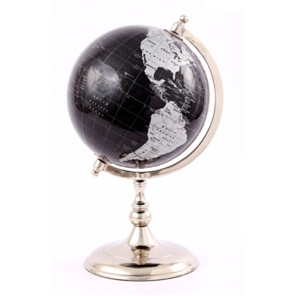 Phelix Aluminium Globe Sculpture; (23x21x36)cm, Silver Nickel/Black