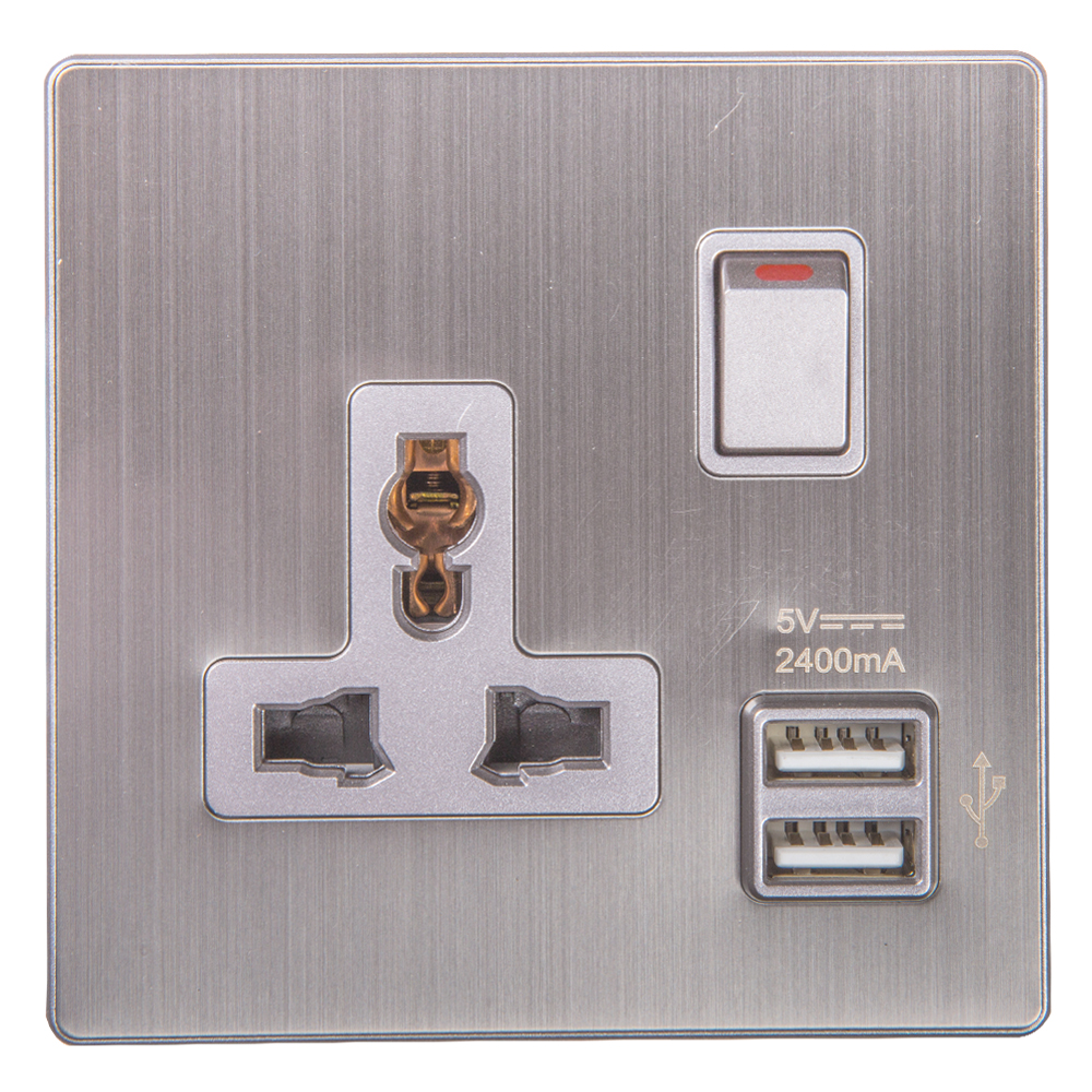 Domus: 1 Gang Switched Universal Socket with 2 USB Ports; 13A, 250V #Q5B1K/USB2D GN-13