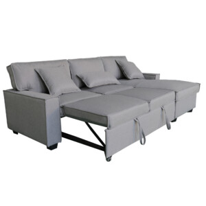 Linen Fabric Corner Sofa With Pull Out Bed, Right, Grey