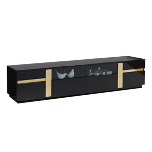 Wooden TV Cabinet, (200x40x42)cm, Glossy Black/Rose Gold