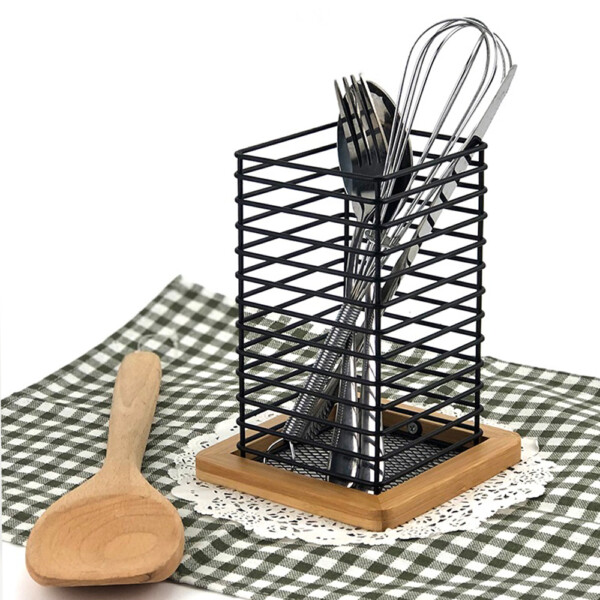 Bamboo/Iron Utensil Holder; (12x12x16)cm, Black