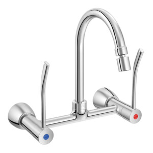 Docol: Benefit: Wall-Mount High Spout Sink Mixer-Two Handles; Single Lever Chrome Plated
