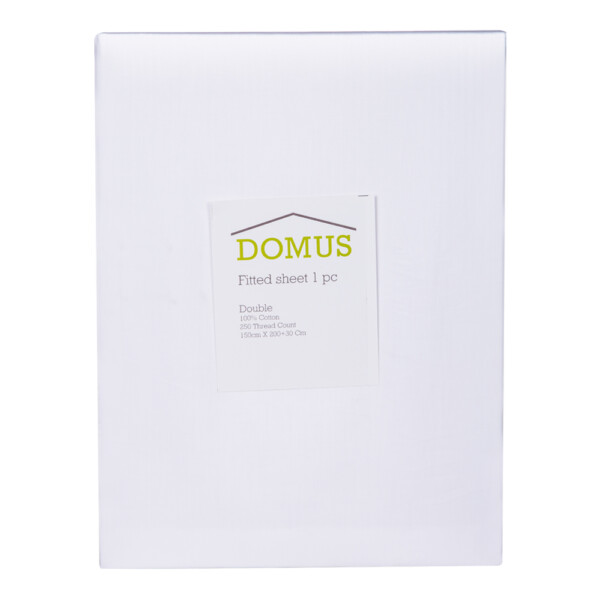Domus: Fitted Double Bed Sheet, 250T 100% 1.0 Cotton Striped; (150x200+30)cm, White