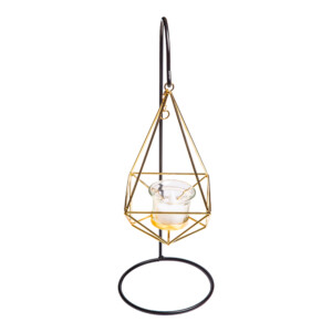 Glass Candle Holder With Metal Stand, (13.5x13.5x37.5)cm, Black/Gold