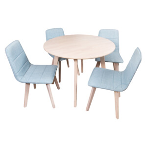 Round Dining Table- Wood Top (100x74)cm + 4 Side Chairs (47x53x85)cm, White Wash/Blue