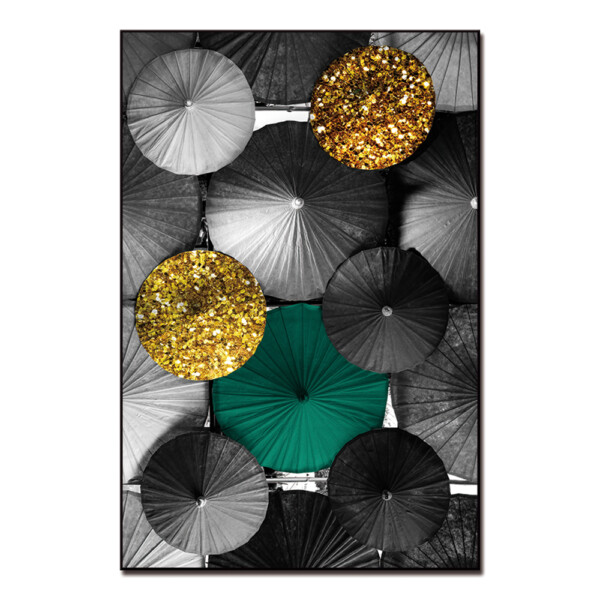 Umbrella Design Printed Painting: (120x80)cm, Black/Green/Gold