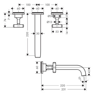 Axor Citterio E: Concealed Basin Mixer, 3-Hole, Wall-Mounted, Brushed Bronze