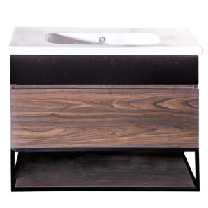Ojans: Bathroom Furniture Set: Vanity Cabinet, 2-Drawers + Ceramic Basin, Walnut M.