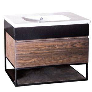 Ojans: Bathroom Furniture Set: Vanity Cabinet, 2-Drawers + Ceramic Basin, Walnut M.