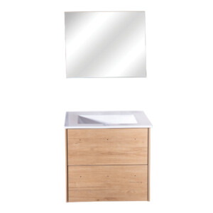 Ojans: Bathroom Furniture Set: Vanity Cabinet + Mirror + Ceramic Basin, Oak M.
