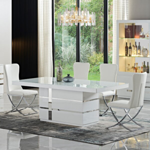 Dining Table: (200x100x76)cm + 8 Side Chairs, Glossy/Chrome White