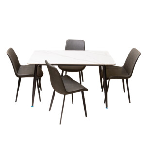 Sintered Stone Dining Table (130x70)cm + 4 Side Chairs, Snow White/Dark Grey