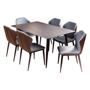 Sintered Stone Dining Table (150x90)cm + 6 Side Chairs, L. Black Gold/B. Grey