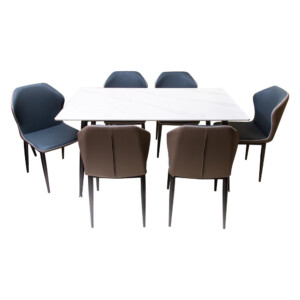 Sintered Stone Dining Table (150x90)cm + 6 Side Chairs, Snow White/Blue Grey