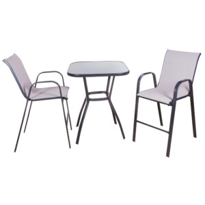Garden Furniture Set: Outdoor Square Bar Table (Glass Top) + 2 Side Chairs, Black/Light Grey