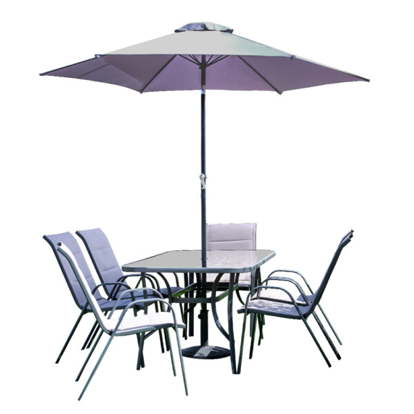 Garden Furniture Set: Steel Umbrella With Base  + Glass Table + 6 Steel Textilene Padded chair, Grey