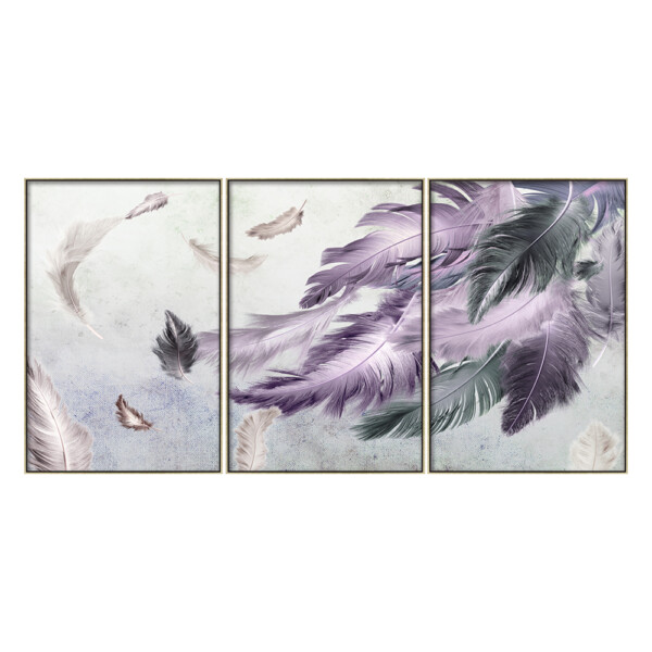 Multicolor Feather Printed Painting Set, 3pcs + Frame: (90x60)cm