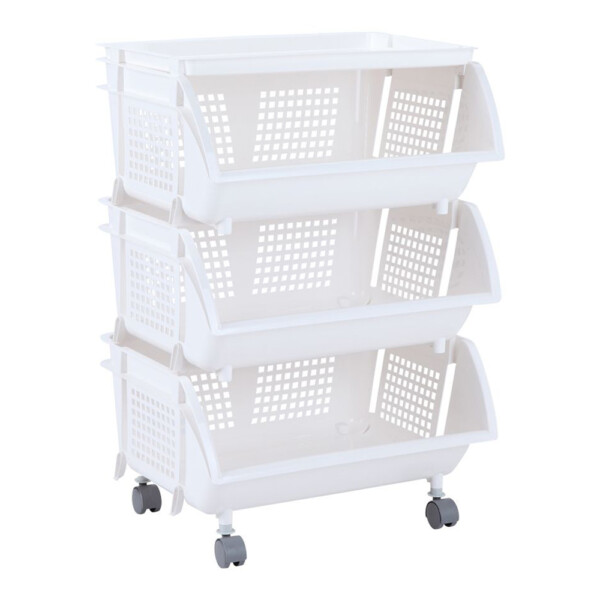 Costara 3 Tier Storage Basket + Wheels: (48x39x71)cm, White