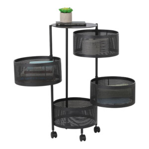 Circular 4 Tier Round Storage Shelf + Wheels: (34x34x75)cm, Black