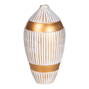 Decorative Gold/White Ribbed Ceramic Vase: (13.8x13.8x26.6)cm