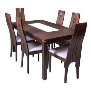 Dining Table (Glass Top) + 6 Side Chairs, Burn Beech/Camel