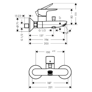 Talis E: Bath Mixer: Wall Type: Single Lever, Chrome Plated