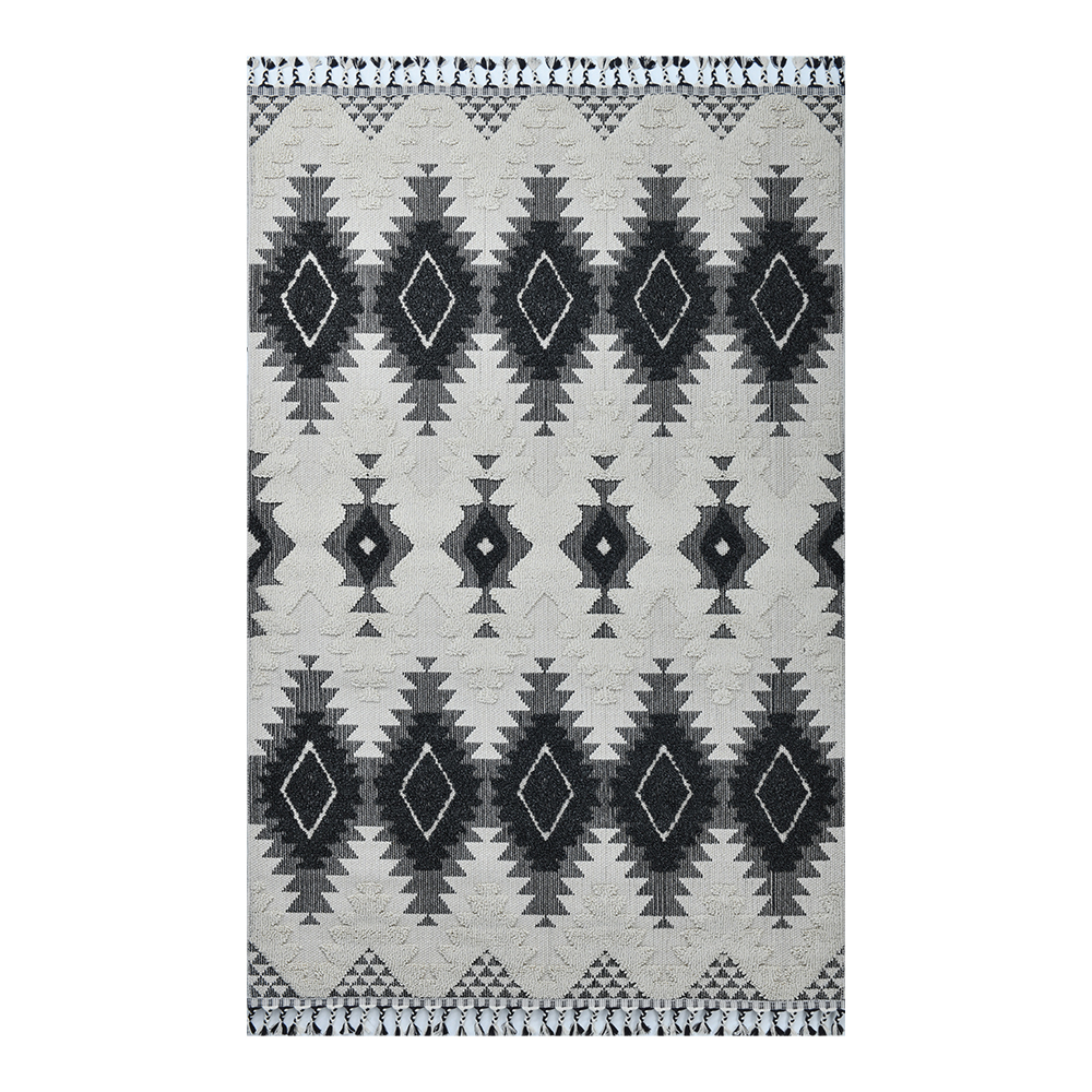 Giza: Rabat Ikat Pattern Carpet Rug; (80x150)cm, Black/White