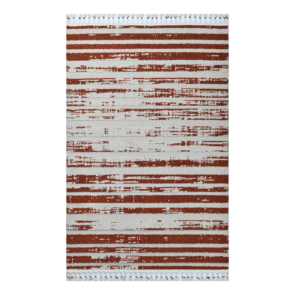 Giza: Rabat Faded Lines Pattern Carpet Rug; (200x290)cm, Burnt Orange/White