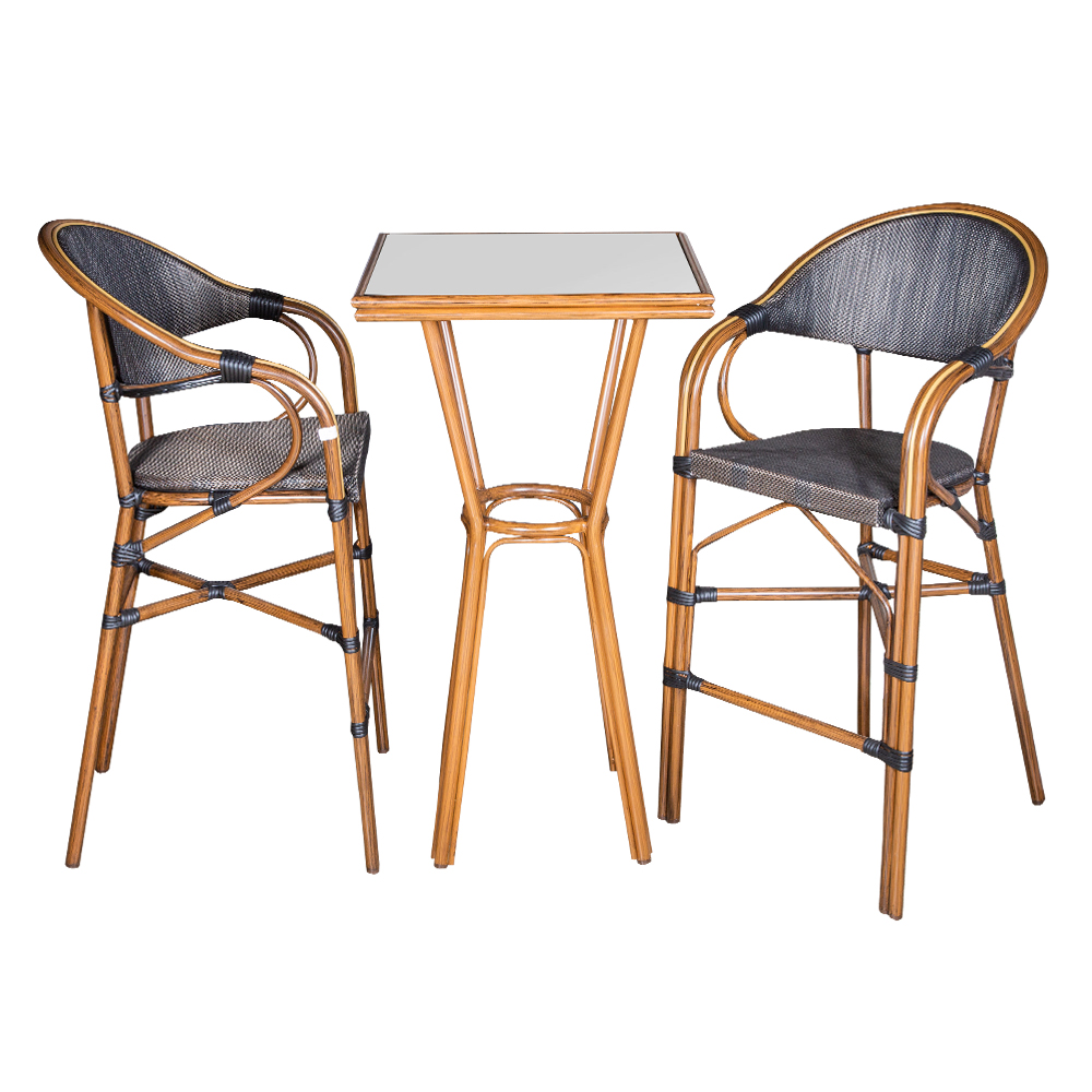 Square Bar Table; (60x60x110)cm (Glass Top) + 2 Bar Chairs, Brown