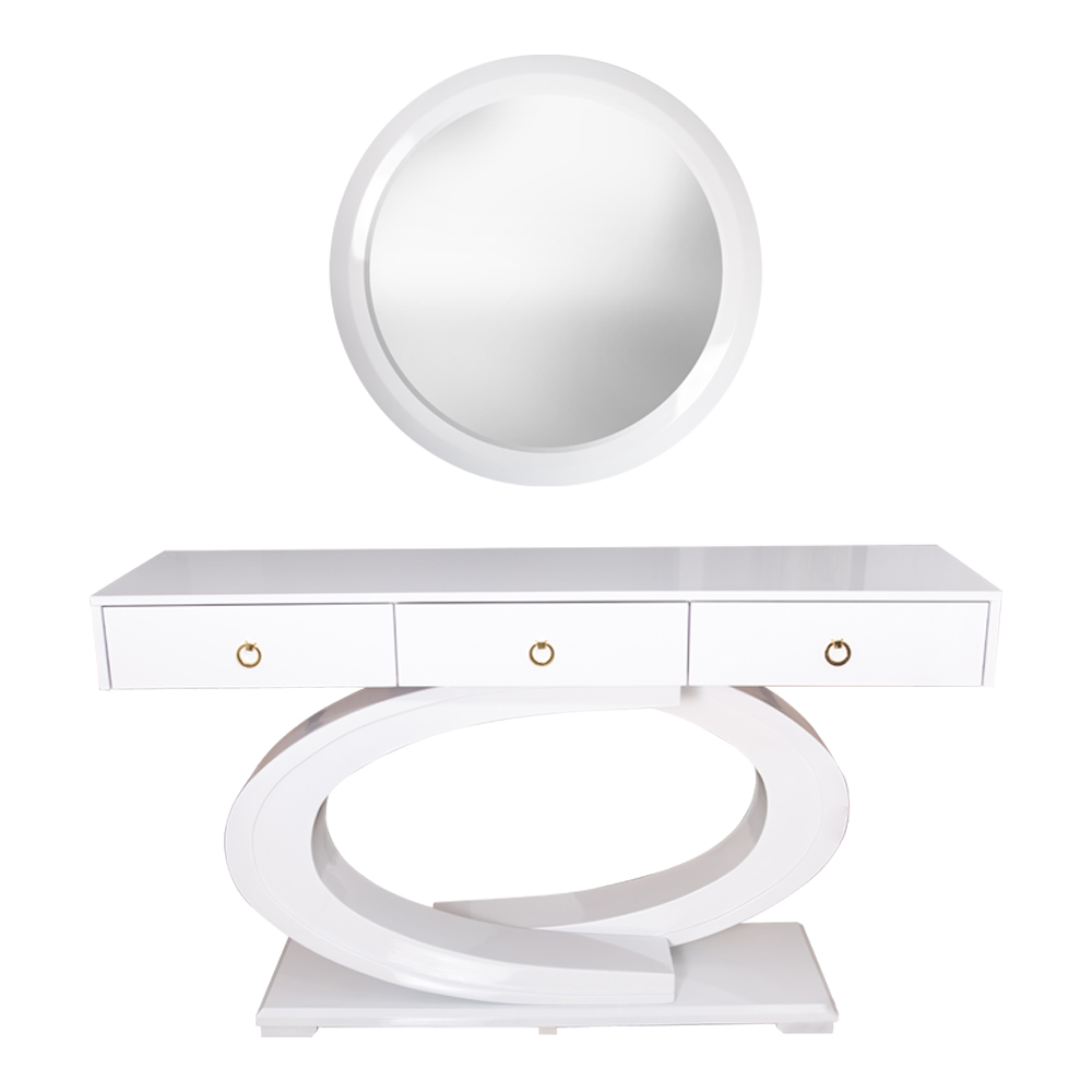 Console Table; (140x38x80)cm + Round Wall Mirror; (90x2.5)cm, Glossy White