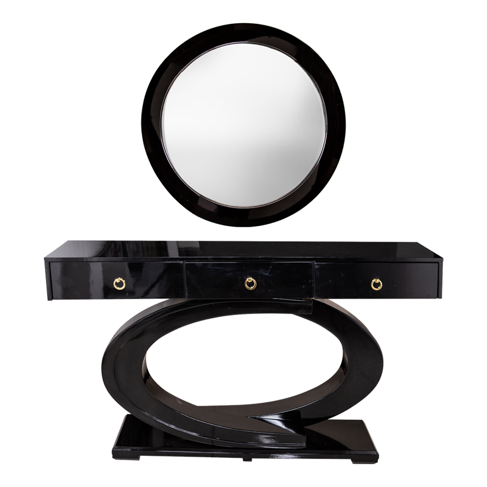 Console Table; (140x38x80)cm + Round Wall Mirror; (90x2.5)cm, Glossy Black
