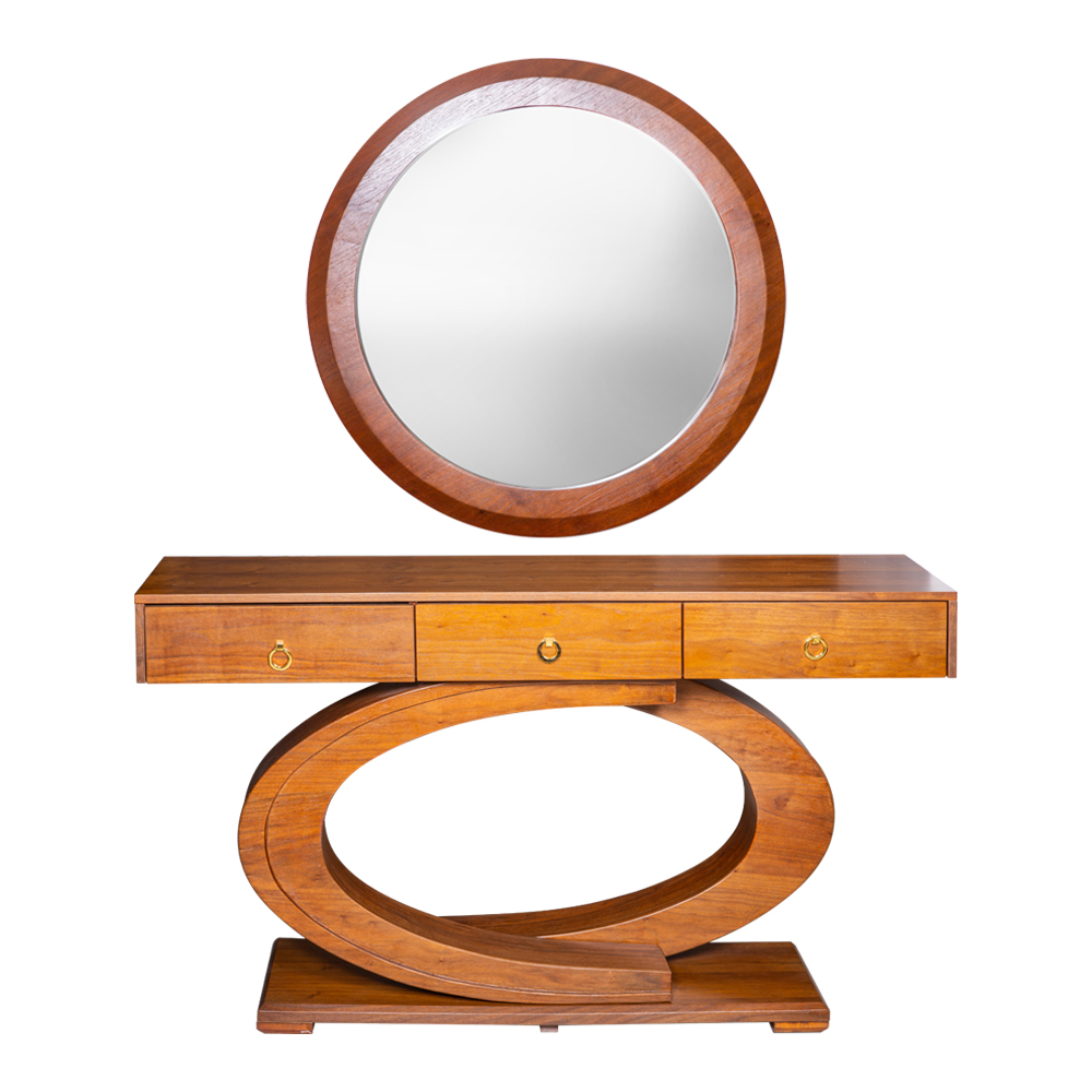 Console Table; (140x38x80)cm + Round Wall Mirror; (90x2.5)cm, Brown