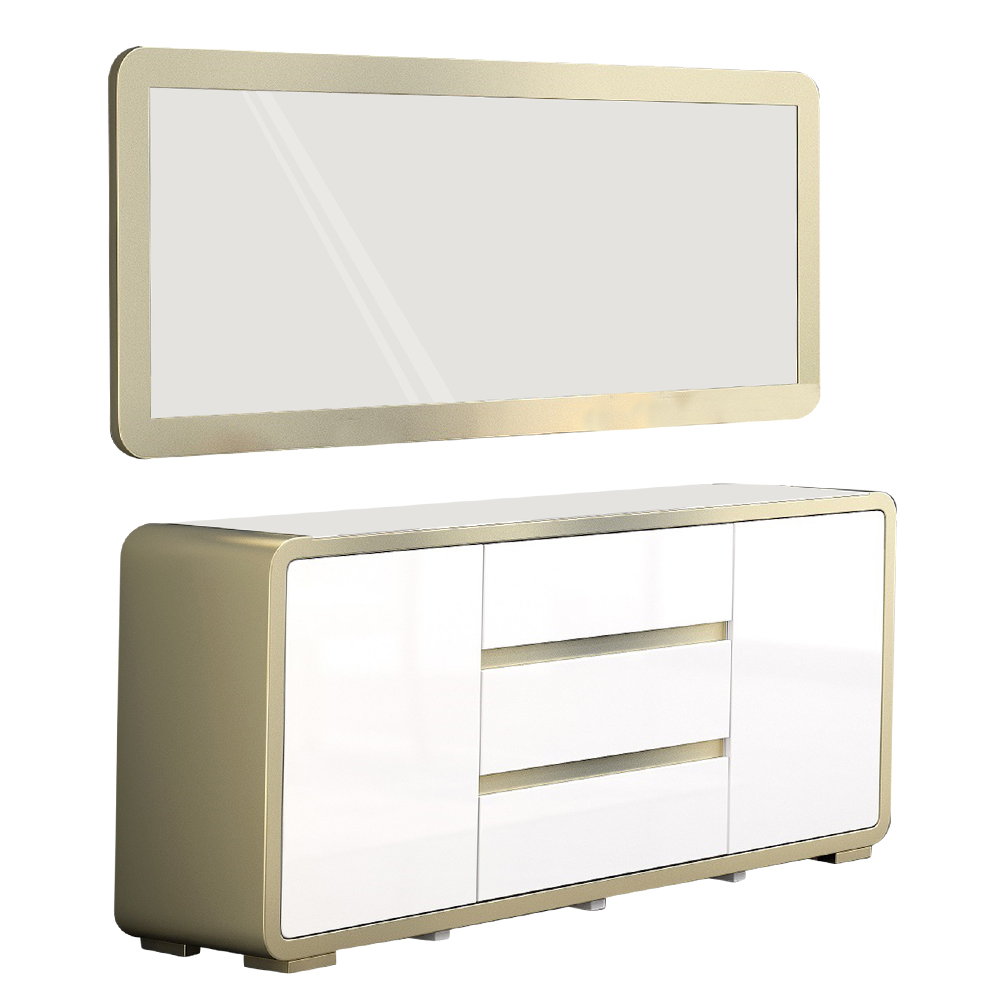 Dining Cabinet (180x40x80)cm + Wall Mirror (180x2.5x70)cm, Glossy White/Champagne