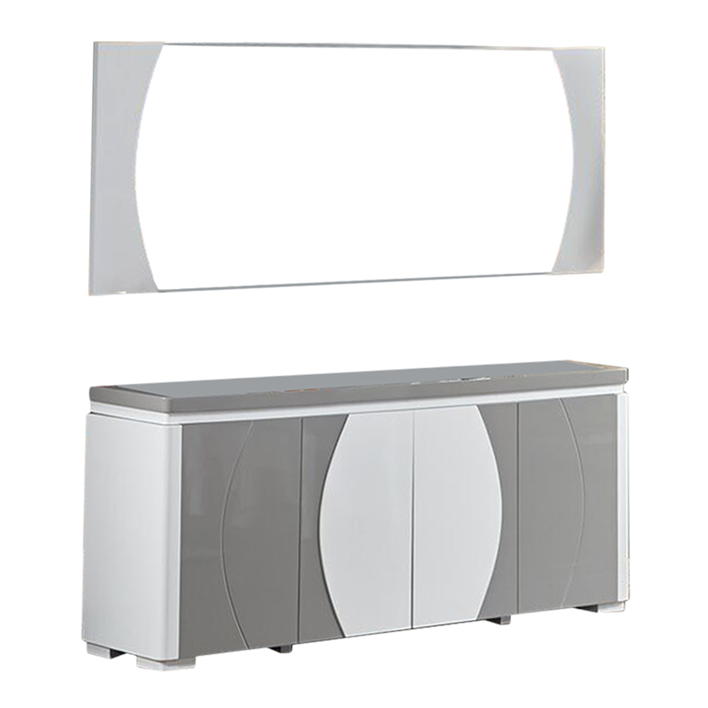 Dining Cabinet (180x40x80)cm + Wall Mirror (180x2.5x70)cm, Glossy White/Grey