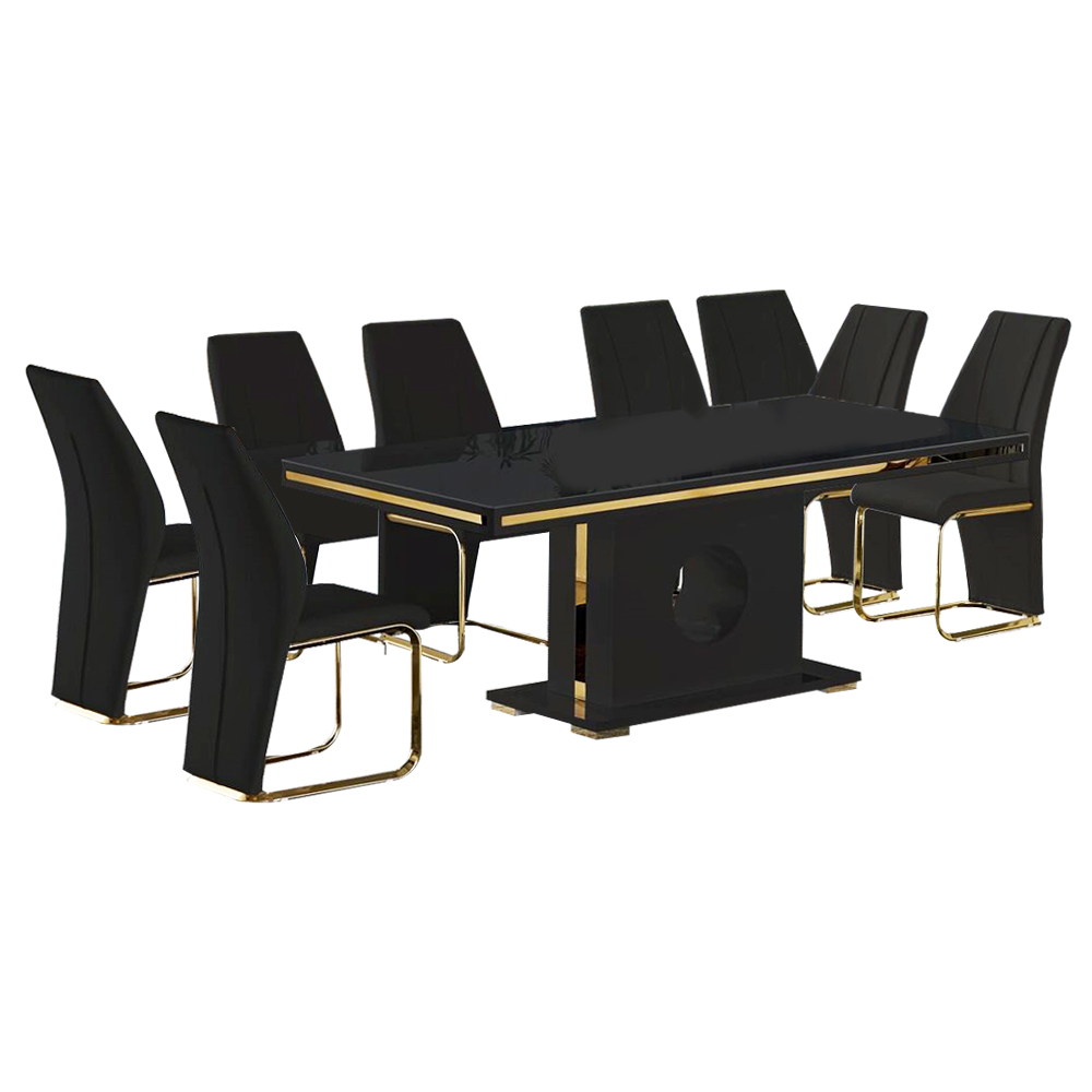 Dining Table (200x100x76)cm + 8 Side Chairs, Glossy Black/Gold