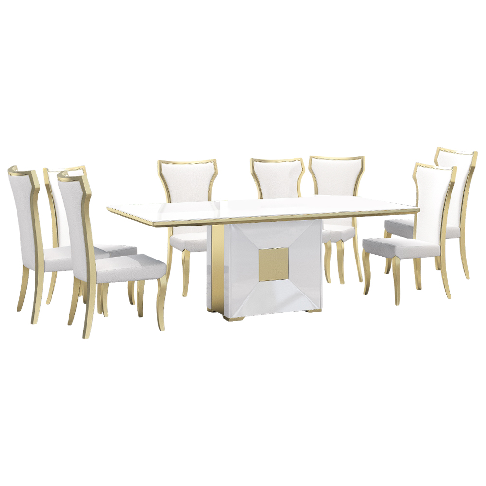 Dining Table (200x100x75)cm  + 8 Side Chairs, Glossy White/Champagne