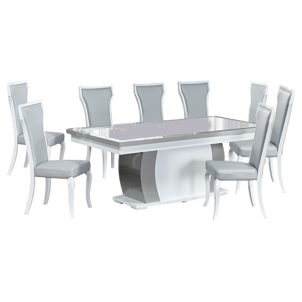 Dining Table (200x100x76)cm + 8 Side Chairs, Glossy White/Grey