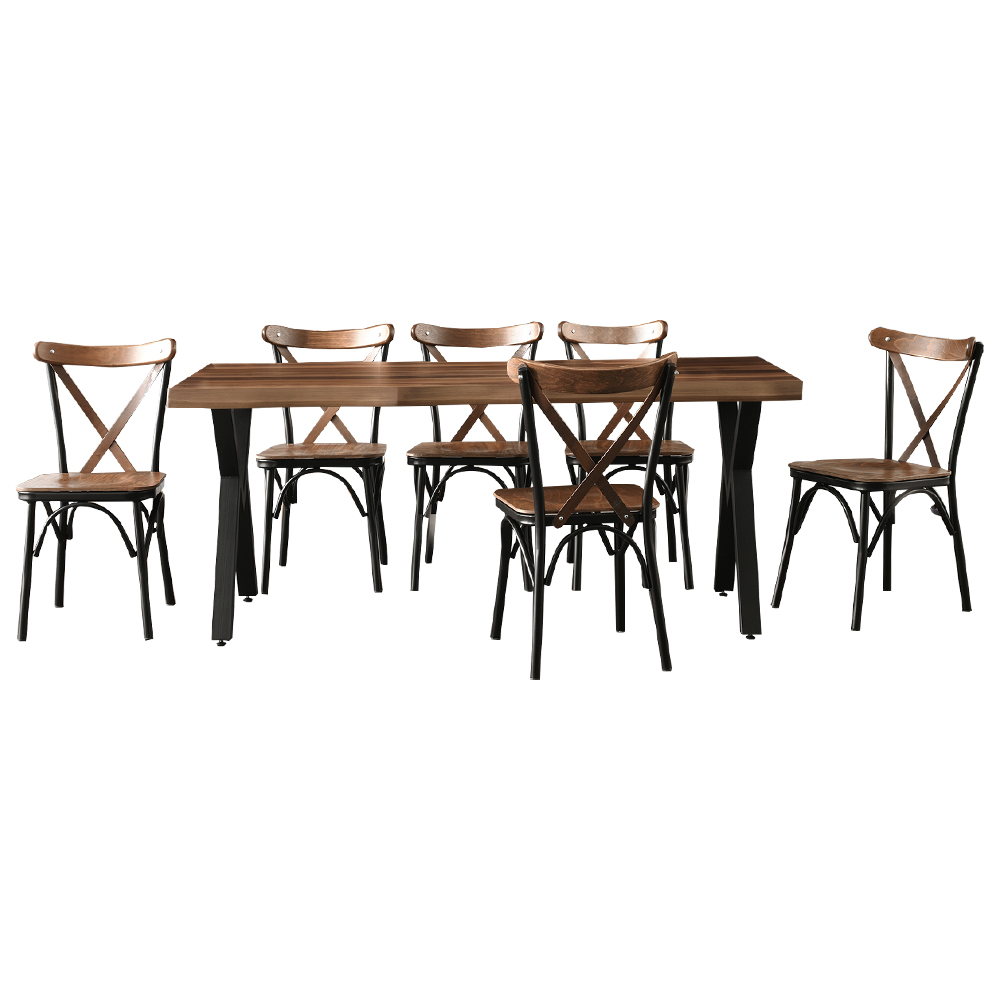 Dining Table (180x80x75)cm + 6 Side Chairs, Walnut/Black