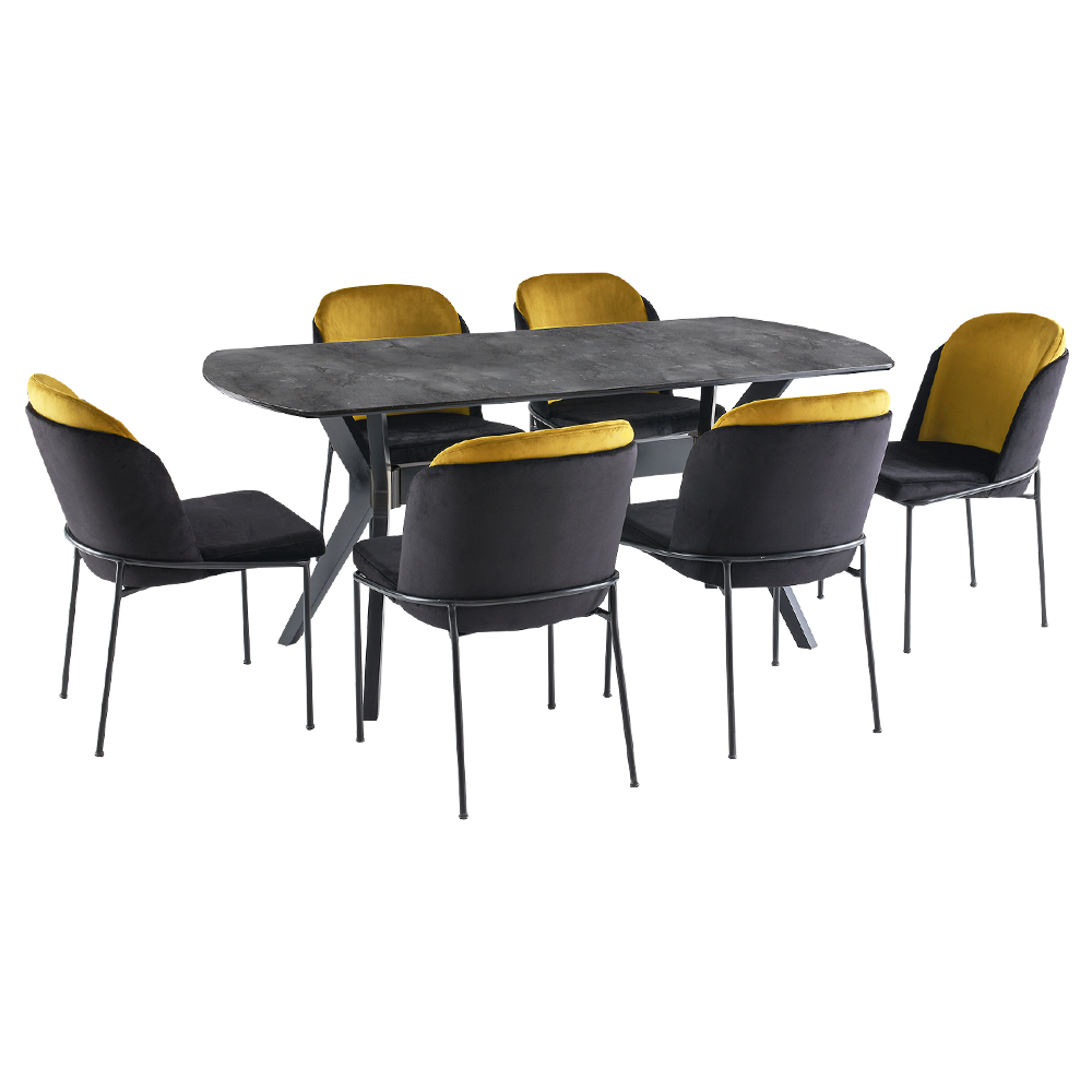 Dining Table (180x90x75)cm + 6 Side Chairs, Ironi/Black