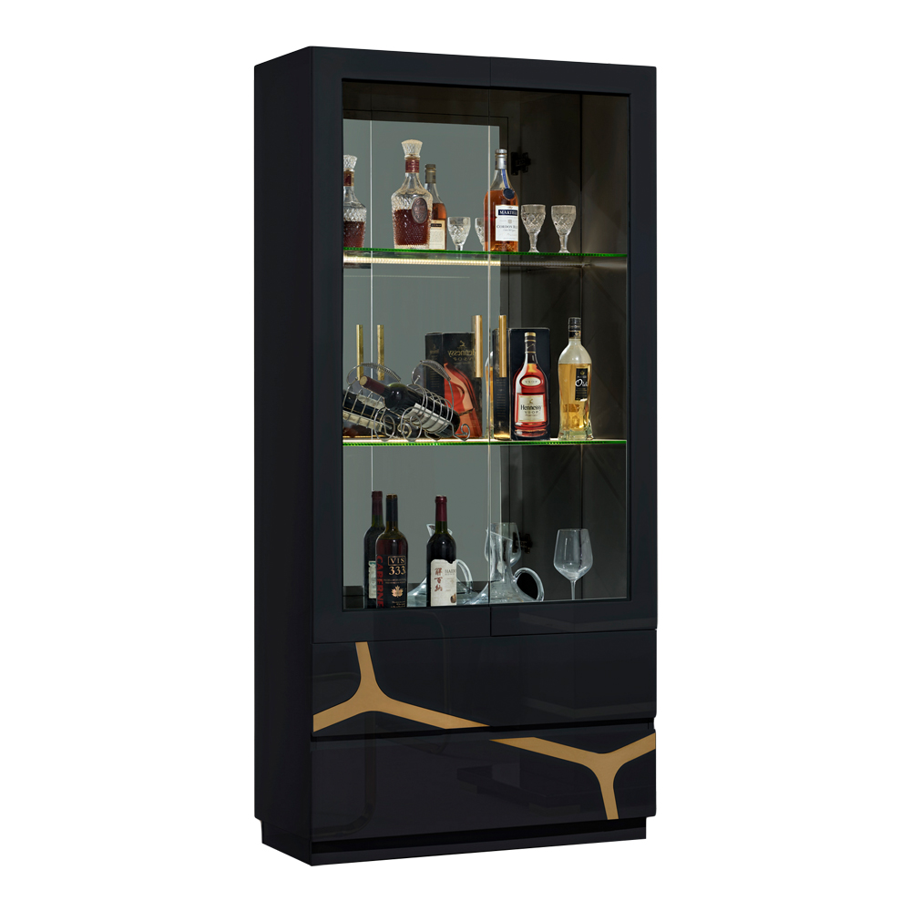 Display Cabinet: (90x40x190)cm, Glossy Black/Gold