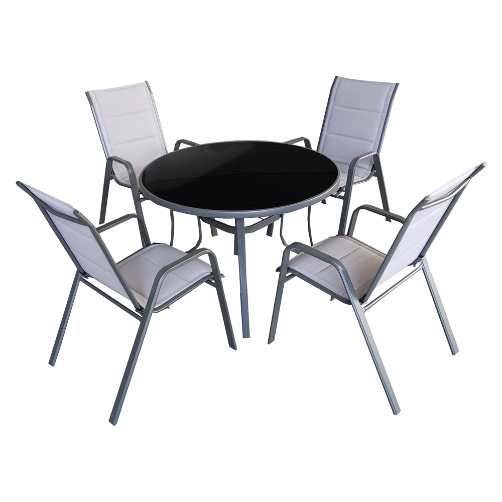 Garden Furniture Set: Outdoor Round Table (Glass Top) + 4 Side Chairs