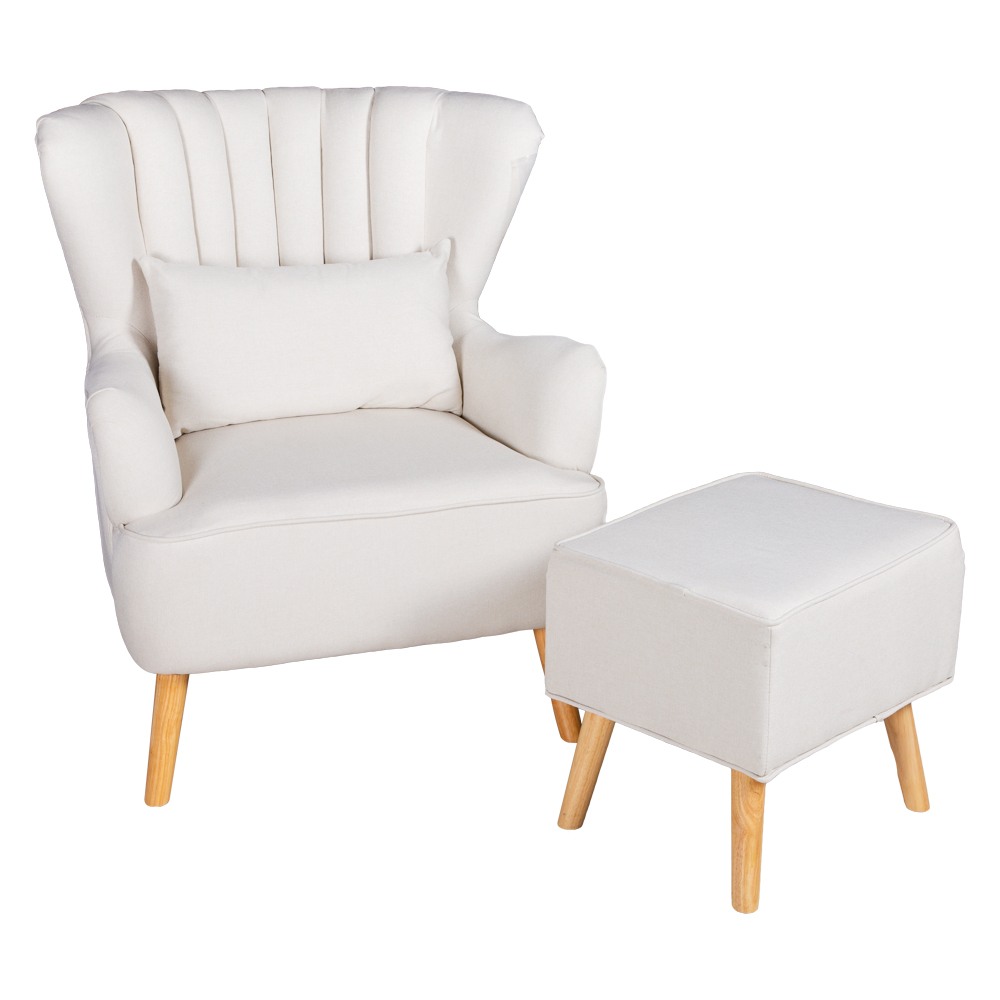 Accent Fabric Single Seater Leisure Chair With Foot Stool, Off White