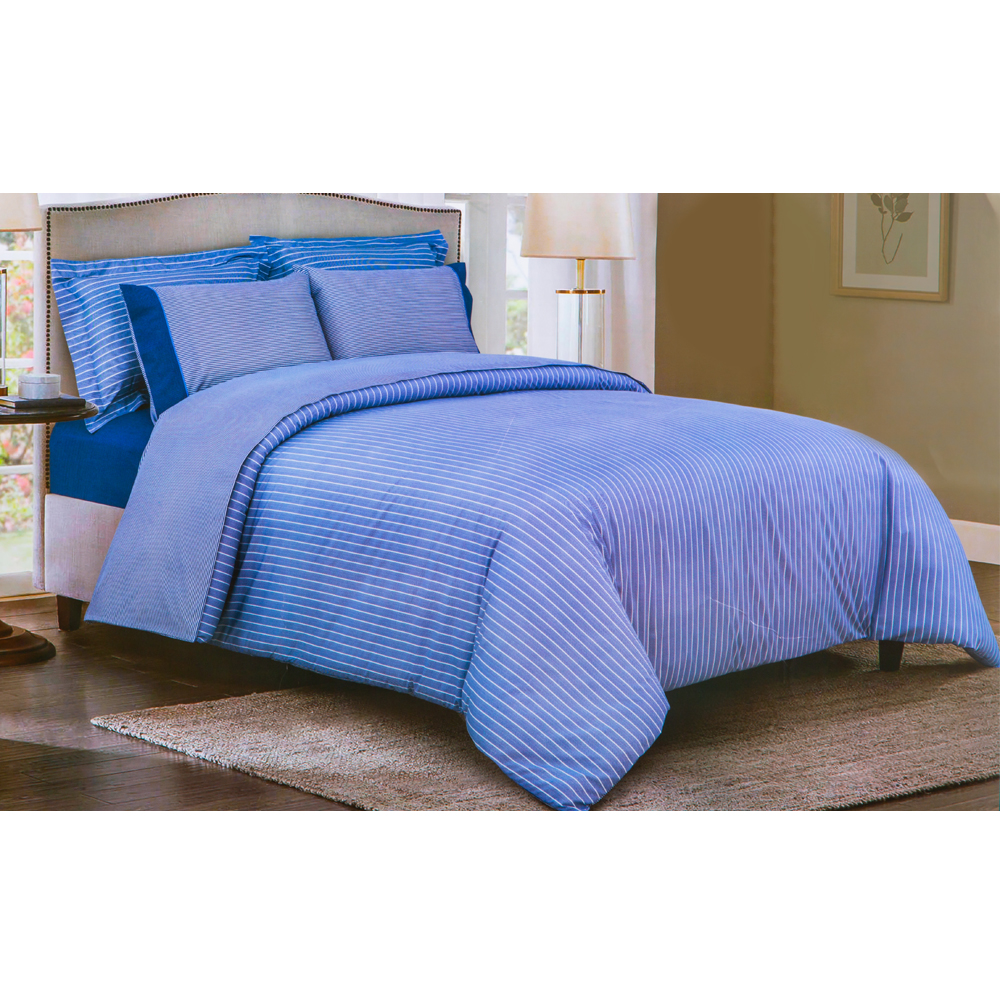 King Comforter Set, 6pc: Stripe DTX, Navy/Light Blue
