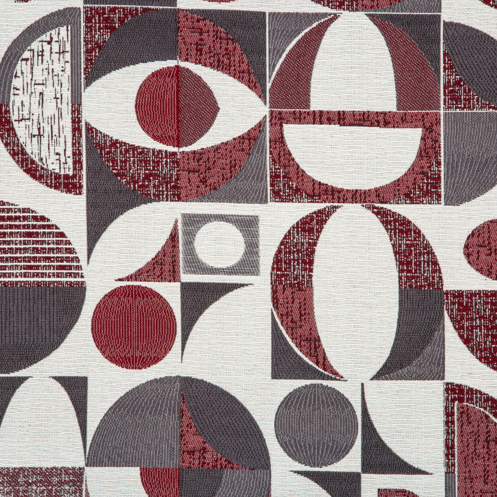 Samara Collection: Round Geometric Textured Patterned Curtain Fabric, 280cm, Maroon Grey/Off White