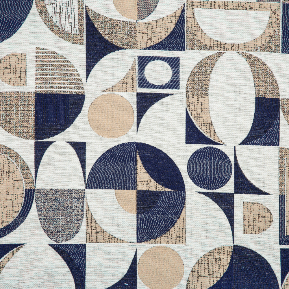 Samara Collection: Round Geometric Textured Patterned Curtain Fabric, 280cm, Navy Blue/Beige /Off White