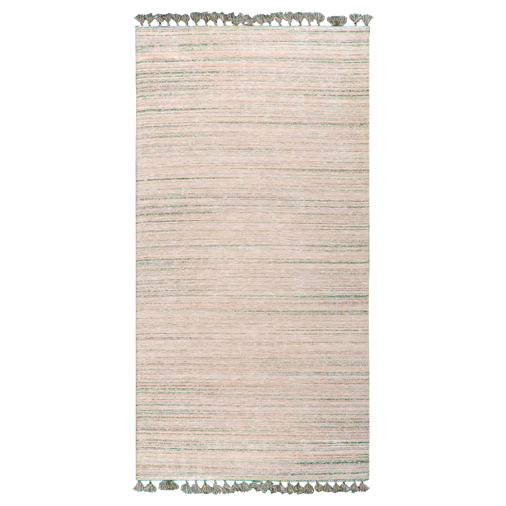 Cizm: Kilim Tasseled Carpet Rug; (80x150)cm, Green/Brown