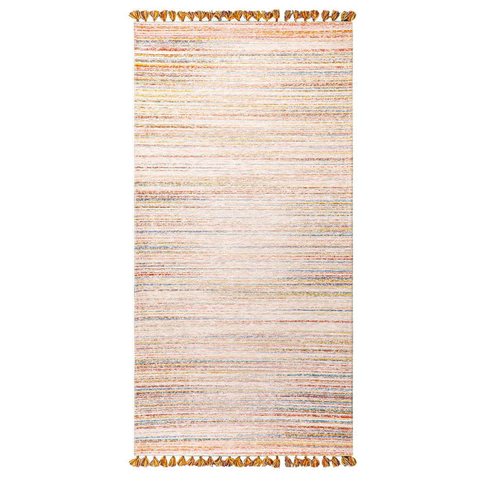 Cizm: Kilim Tasseled Carpet Rug; (80x150)cm, Peach/Blue/Cream