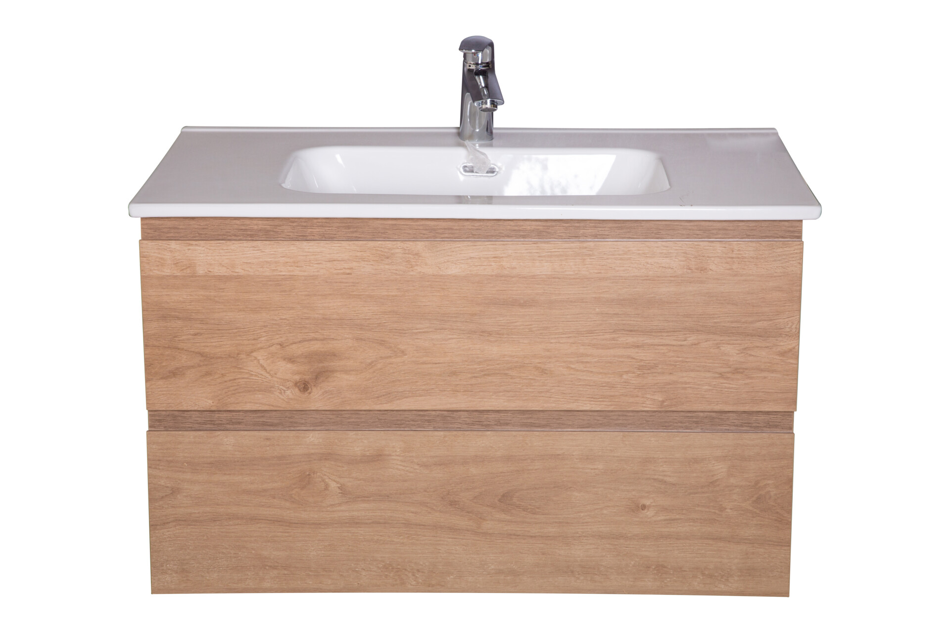 Bathroom Furniture Set: 1 Cabinet, 2 Drawers + 1 Ceramic Basin; 80cm + Wall Hung, Natural Oak